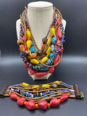 Multi-Strand Necklace & Bracelet Set Stone Wood Acrylic Beads Colorful